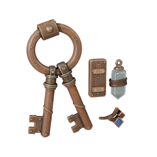 Adventurer Loot Key Realistic 3D model, three-quarter studio render, showing aged wood, clear pickup silhouette.