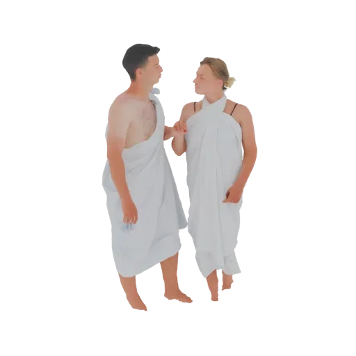 3D model of a couple standing close together, both wearing flowing white draped garments, looking at each other.
