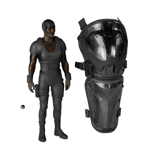 Tactical Shin Guard Printable 3D model, isometric STL render, showing metal plates, wearable protection silhouette.