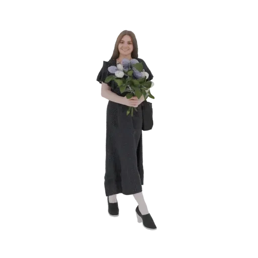 Modello 3D di una donna sorridente con abito nero a pois che tiene un bouquet di fiori viola e bianchi.