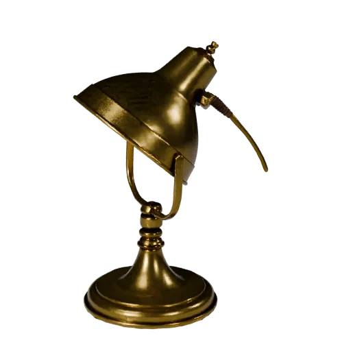 Brass Desk Lamp render detail 3D model, three-quarter studio render, with clean topology and PBR shading on the lamp.