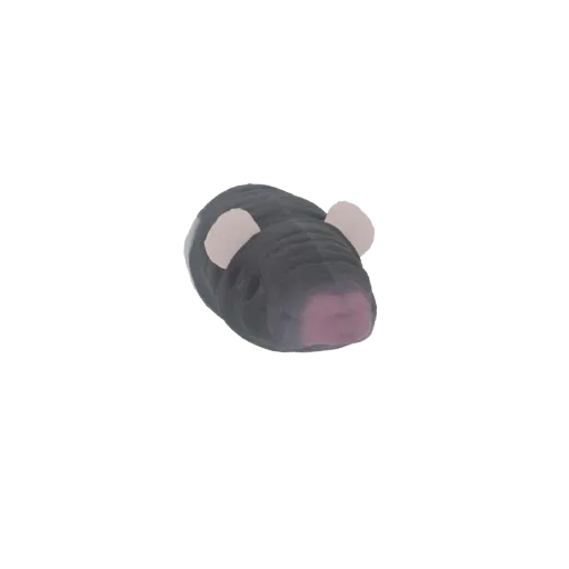 A 3D render of a stylized dark gray mouse head with pink snout and large light pink ears, set against a black background.