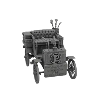 3D model of a grey, vintage automobile from 1891 with luggage and golf clubs, viewed from a three-quarter front angle.