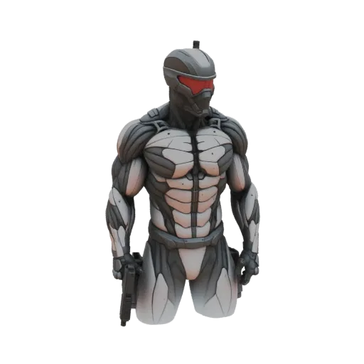Modèle 3D d'un buste de soldat de science-fiction portant une combinaison gris et blanc avec un casque à visière rouge et ten