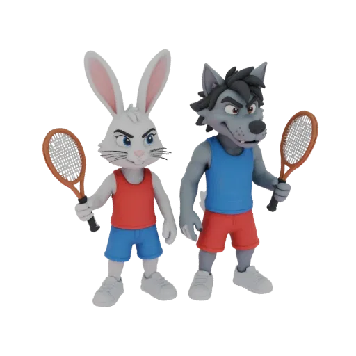 3D model of a grumpy white rabbit and a grey wolf, both wearing athletic shorts and tank tops, holding tennis rackets.