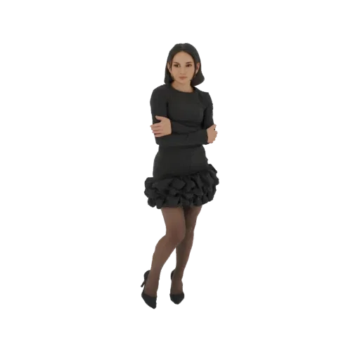 3D model of an elegant woman in a black dress with her arms crossed, wearing high heels and stockings.