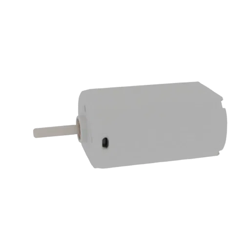 3D model of a white DC motor with a protruding shaft on a white background.
