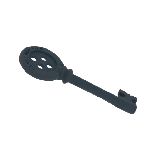 3D model of an ornate oval key with four circular holes in its bow and a detailed bit, presented on a white background.