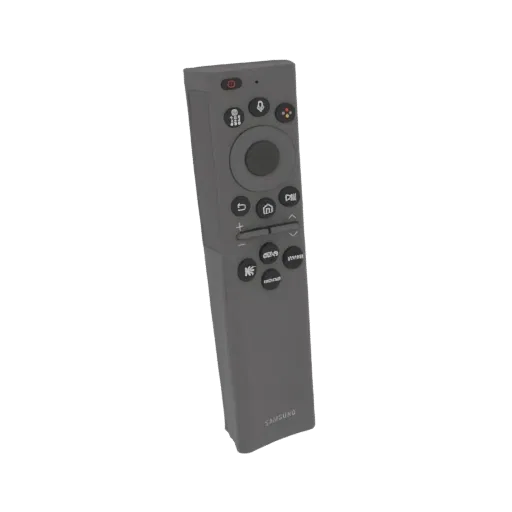 A 3D model of a modern gray Samsung TV remote control with a central navigation dial and various buttons.