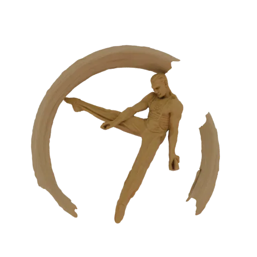 3D model of a male gymnast in a dynamic mid-air pose, with abstract curved elements surrounding him, rendered in a light brow