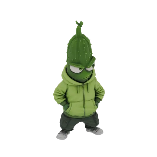 3D model of a grumpy pickle character wearing a green hoodie and pants, with hands in pockets and an angry expression.