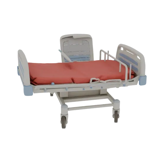 Ward Hospital Bed Education 3D model, three-quarter training render, showing painted metal, clinical silhouette.