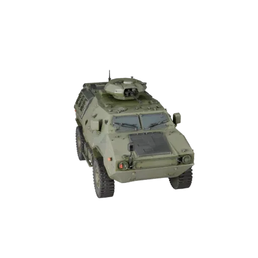 Modello 3D Low Poly Mrap, vista di gioco tre quarti, asset veicolo low-poly con massa corazzata, robusta posizione di ruote o