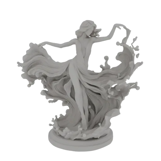 3D model of a graceful female nymph dancing, with her flowing dress and hair merging with dynamic water splashes, presented o