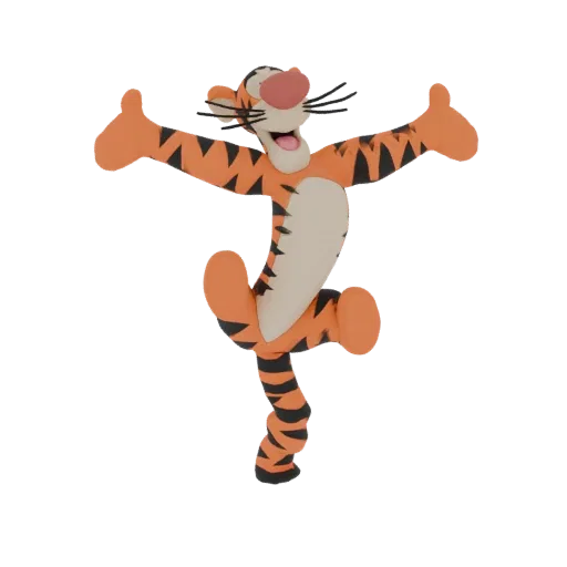 Modelo 3D de Tigre, el tigre animado, en pose alegre y saltarina con brazos extendidos, sobre fondo blanco.