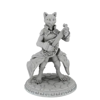 Modelo 3D de un bardo felino tocando un laúd, de pie sobre una base de adoquines con patrón de greca.