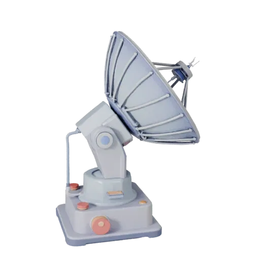 Classroom Radio Dish Stylized 3D model, stylized isometric render, showing metal tubes, optical alignment.