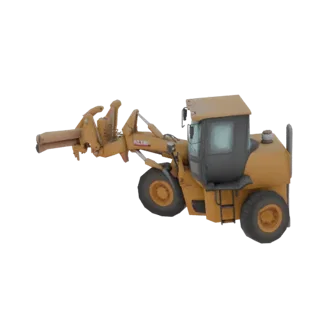 Modelo 3D de uma retroescavadora amarela com um grande acessório de garra hidráulica, vista lateral.