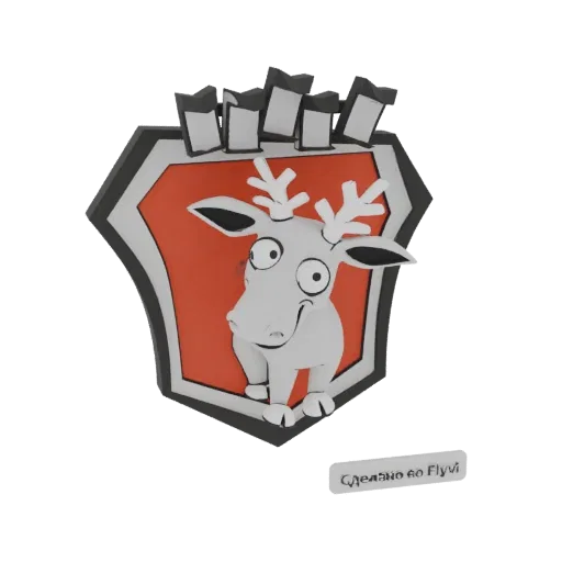 3D render of a whimsical cartoon deer with big eyes and antlers on an orange shield with decorative elements above.