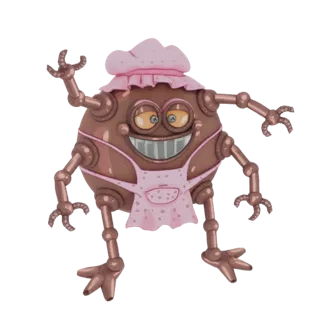 A 3D render of a whimsical robot chef with a brown body, pink apron, and chef hat, waving one of its many arms.