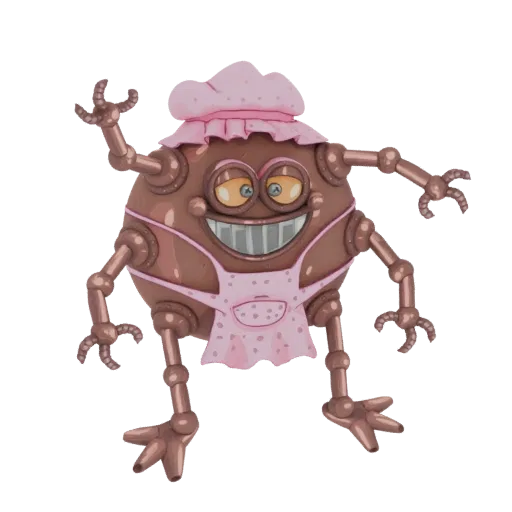 Un rendering 3D di un robot chef fantasioso con corpo marrone, grembiule rosa e cappello da chef, che saluta con uno dei suoi