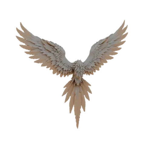3D model of Phoenix wings with detailed feathers, spread in flight, on a white background