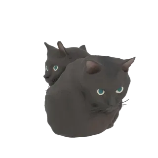 Uma renderização 3D de dois gatos pretos aninhados, com grandes olhos azuis e uma aparência suave e estilizada.