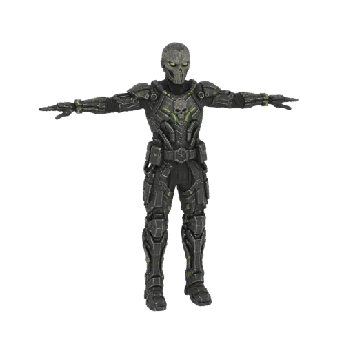 3D model of a cybernetic soldier with a skull helmet and dark tactical armor, standing in a T-pose.