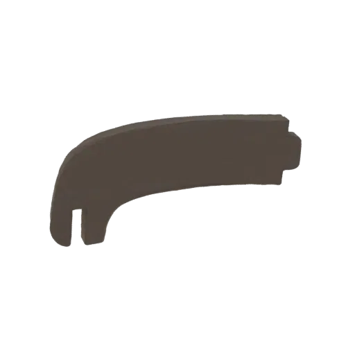 3D model render of a dark brown, curved bracket with a U-shaped slot at one end and a rectangular protrusion at the other.