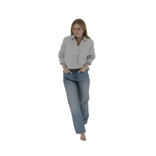 Modelo 3D de mulher com cabelo loiro, vestindo uma camisa abotoada azul claro e jeans azuis, em pé com as mãos nos bolsos.