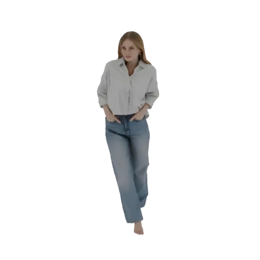 Modèle 3D d'une femme aux cheveux blonds, portant une chemise boutonnée bleu clair et un jean, debout, mains dans les poches.