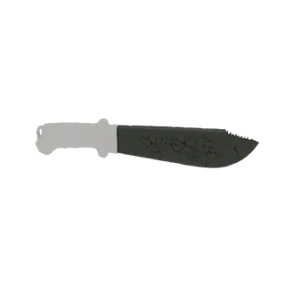 3D-Modell einer dunklen, geflackerten Machete mit Sägeblatt und weißem Griff, präsentiert auf weißem Hintergrund.