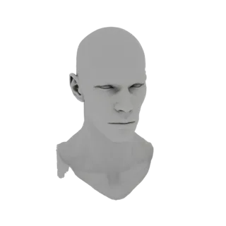 A 3D render of a grey, untextured male head bust with a neutral expression, viewed from a slight angle.