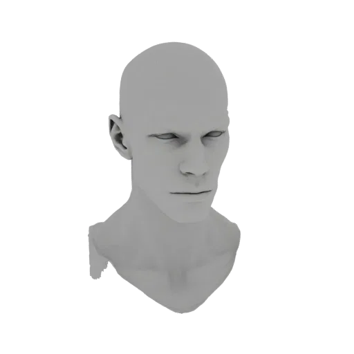 A 3D render of a grey, untextured male head bust with a neutral expression, viewed from a slight angle.