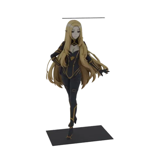 Modèle 3D d'une fille elfe anime aux longs cheveux blonds, portant une tenue sombre et dorée, debout sur un socle d'expositio