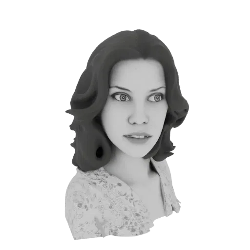 3D model of a vintage woman's bust with a classic hairstyle and a floral patterned dress, looking to the side.