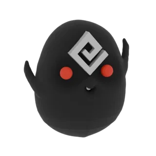 3D model of a black egg-shaped creature with red eyes and a white swirl emblem on its forehead, with small black protrusions