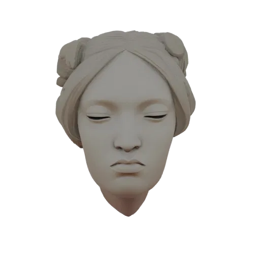 3D model of a serene woman's head bust with closed eyes and hair styled in two buns, rendered in a matte, stone-like material