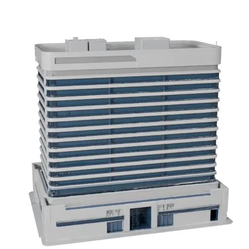 Corporate Headquarters Unreal Engine-ready 3D model, Unreal Engine viewport, showing commercial office building materials and