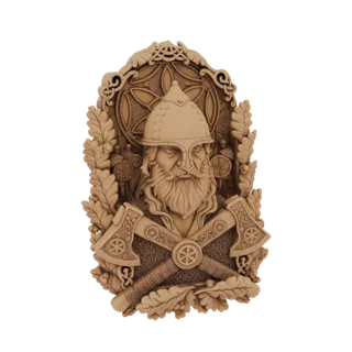 Modello 3D di busto di guerriero vichingo con elmo, barba, asce incrociate e corona di quercia, renderizzato con texture simi
