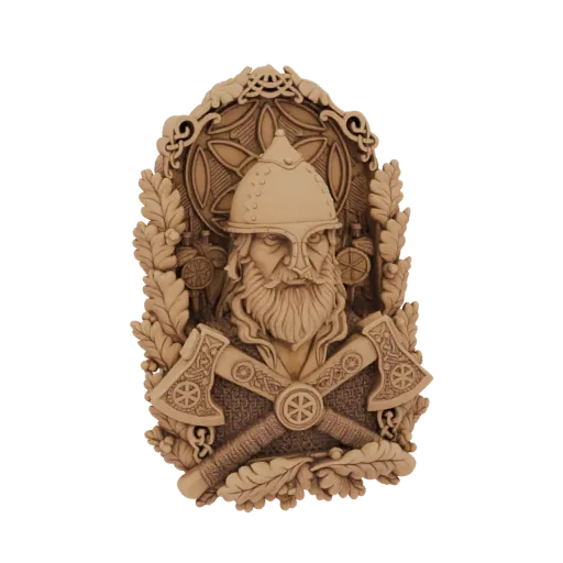 3D model of a Viking warrior bust with a helmet, beard, crossed axes, and an oak wreath, rendered in a wood-like texture.