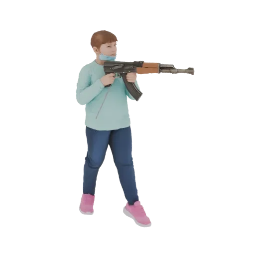 3D model of a young person wearing a face mask and holding an AK-47 rifle, depicted in a neutral pose.