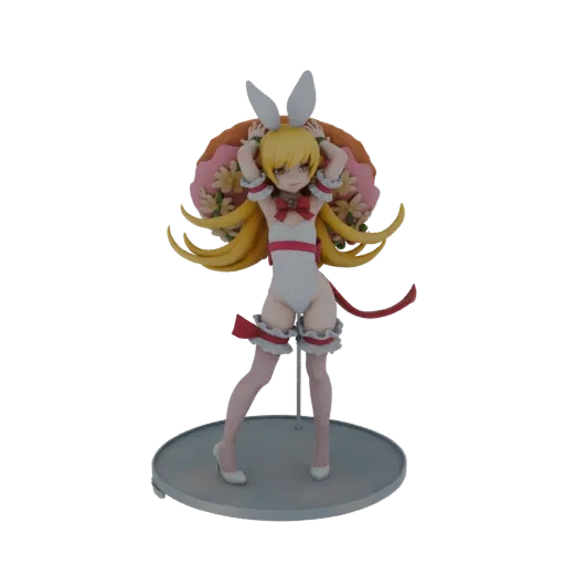 3D model of a bunny girl figure with white leotard, bunny ears, and a colorful flower halo, striking a playful pose on a disp