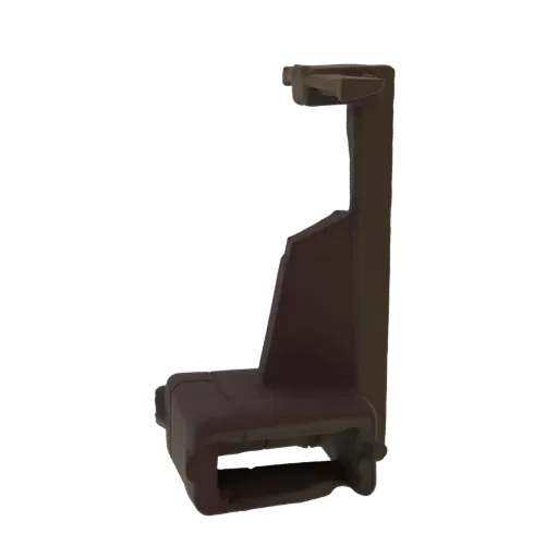 Modèle 3D d'une équerre en plastique marron en forme de L avec un mécanisme de clip visible sur fond blanc.