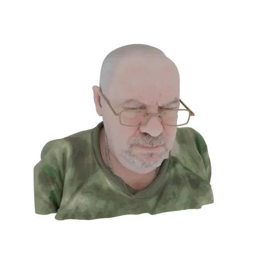 Render de modelo 3D de hombre de mediana edad con pelo gris, gafas y camisa de camuflaje, mirando hacia abajo.