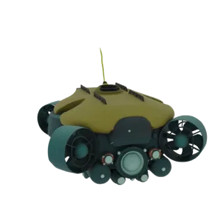 3D render of a yellow and teal underwater drone with visible thrusters and a central camera, set against a white background.