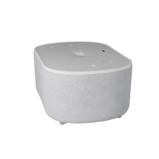Modello 3D Minimal Smart Speaker per visualizzazione prodotto, rendering prodotto in studio a tre quarti, che mostra plastica