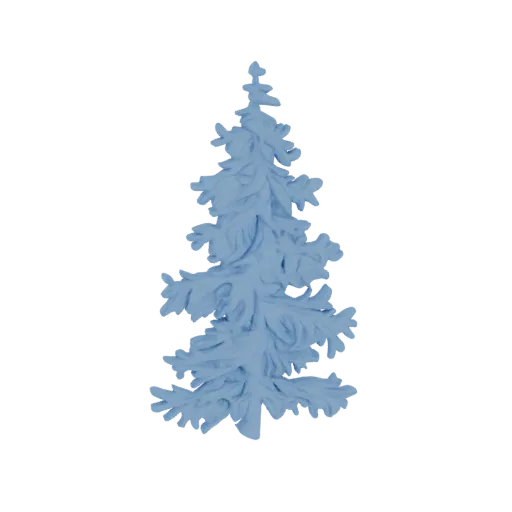 A 3D render of a stylized Christmas tree with a blue, frosty appearance, set against a black background.