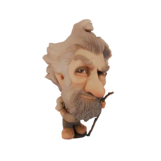 Render del modello 3D di una caricatura di un vecchio con barba grigia e bastone di legno, raffigurato dal petto in su.