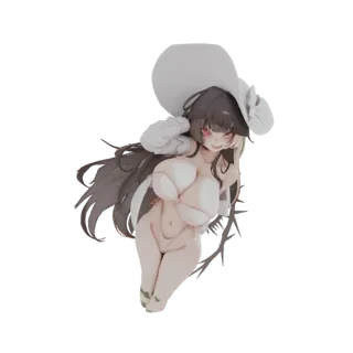 3D model of a busty anime girl with long dark hair, wearing a white bikini and a large white hat, with red eyes and a playful